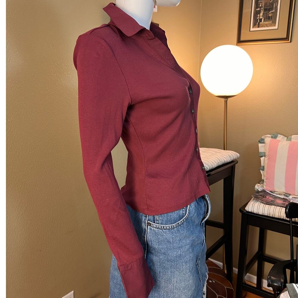 Veronica Beard Scottie Wine Ribbed Long Sleeve Button Down Top Small - Picture 3 of 5